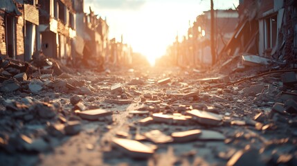 Obraz premium Urban destruction aftermath, a city street buried in rubble, fallen trees, and collapsed houses, creating an eerie sense of abandonment and desolation