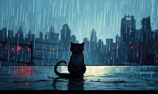 lonely cat sit on street in rain on cityscape