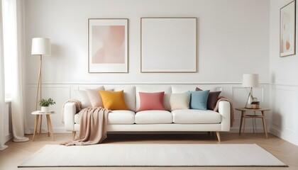 Photo modern style interior room 3d illustration Interior,Kitchen,Washrooms frame living room with colorful white sofa,led with blank frame