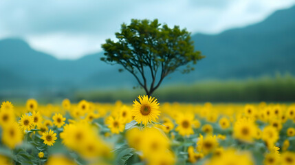 Sunflower Field And Tree