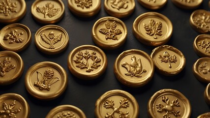 Close-up of detailed gold coins with engraved patterns, symbolizing wealth, luxury, and historical significance, perfect for financial or historical-themed design projects and branding concepts.