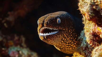 Obraz premium A close-up of a moray eel with its mouth open, showing its sharp teeth, in a coral reef.