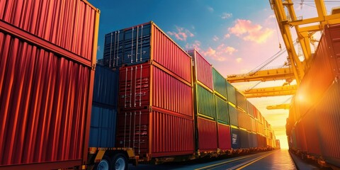 Fototapeta premium Dawn breaks over shipping containers: A dynamic start to a day in international logistics and trade operations.