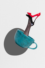 Collage sketch artwork of woman legs high heels inside empty cup isolated on drawing background