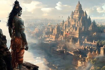 Shiva Standing on a Cliffside Overlooking a Majestic Hindu Temple City.