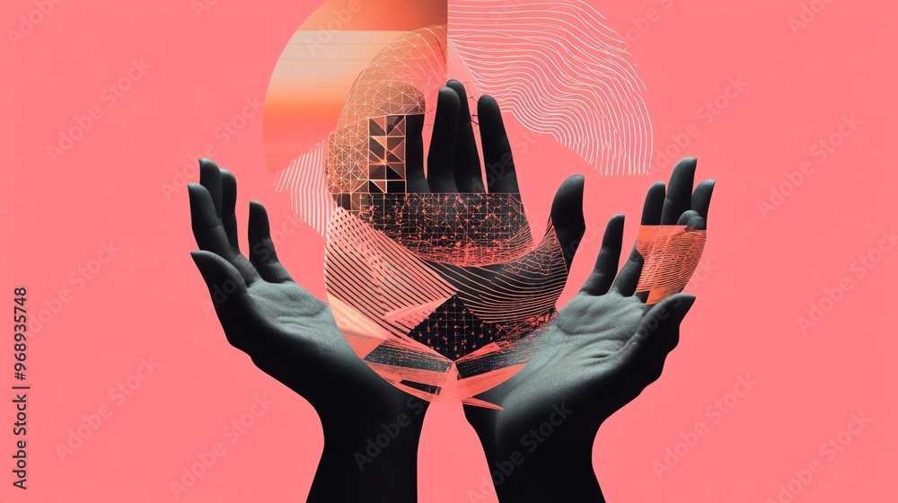 Sticker two hands reach towards a digital sphere of abstract patterns against a pink background.