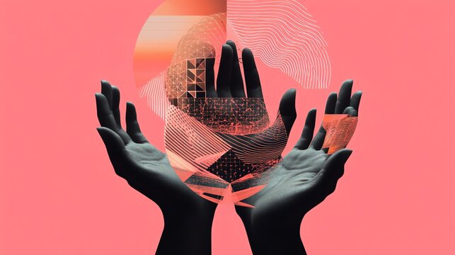 Two hands reach towards a digital sphere of abstract patterns against a pink background.