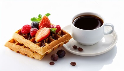 waffles and fruit chocolate white background with a cup of coffee
