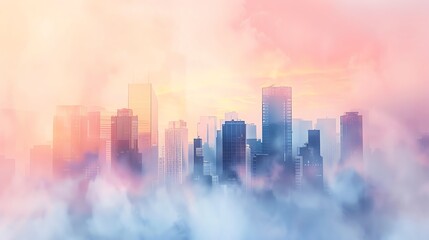 Fototapeta premium Surreal cityscape at dawn with high-rise buildings emerging from a soft, colorful mist, creating a dreamlike urban scene.