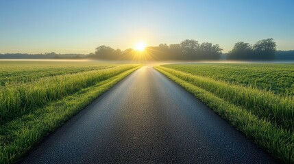 Fototapeta premium Morning sun shining on a misty countryside road, dewkissed grass glistening, embodying hope and new possibilities