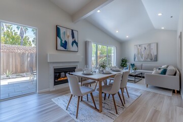 Fototapeta premium A cozy living-dining area featuring a wooden dining table, soft chairs, a comfortable sofa, and a fireplace, with abundant natural light streaming through large windows.