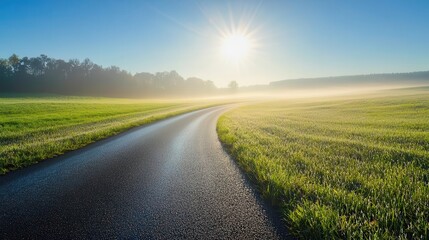 Naklejka premium Morning sun shining on a misty countryside road, dewkissed grass glistening, embodying hope and new possibilities