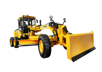 Modern three-axle road grader isolated on a white background. Heavy industry