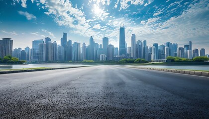 A empty road with a city in the background