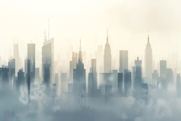 Fototapeta premium Misty skyline of a modern city with high-rise buildings emerging through fog, showcasing urban architecture and tranquil atmosphere.