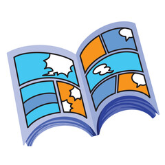 Comic book with blue and orange panels illustration isolated on square white background. Simple flat cartoon art styled drawing.