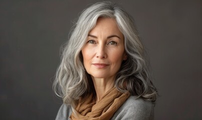 Fototapeta premium Portrait of mature woman with gray hair in studio