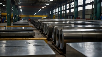 Fototapeta premium Rows of large metal rolls in an industrial warehouse facility, emphasizing the scale and precision of metal production and storage, integral to industries like construction, automotive, and manufactur
