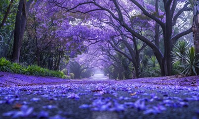 Purple jacaranda blossoms covering a suburban road