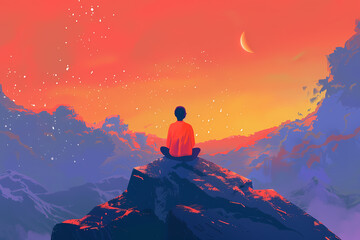 Fototapeta premium A serene male figure sits cross-legged on a rock, meditating under a colorful sunset with a crescent moon in the background.