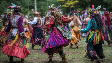 Neo-pagan festival blending ancient rituals with modern music and dance, participants adorned in vibrant costumes inspired by nature