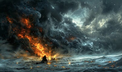 Fototapeta premium A smoldering fire on a snowy plain surrounded by a dark storm and clouds, the storm looks like it's filled with monsters
