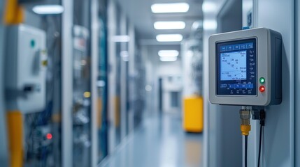 A computer monitor is mounted on a wall in a large room
