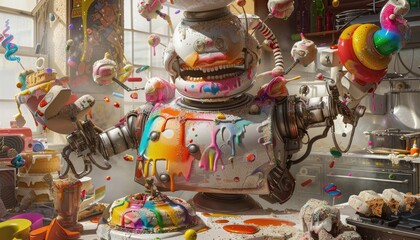 A Colorful Robot in a Kitchen Covered in Sprinkles