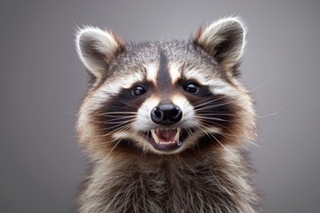 Fototapeta premium Close-up of a Happy Raccoon with Open Mouth and Glowing Eyes in Natural Light