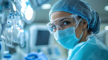 A woman in a blue lab coat and a blue surgical cap is wearing a mask
