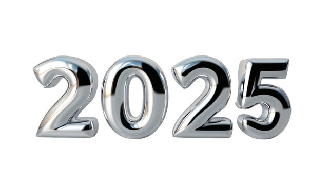 Happy New Year 2025 silver brush lettering on transparent background 