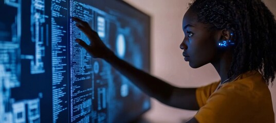 Young Woman Analyzing Holographic Data Code Information, AI Cyber Security Threat Concept