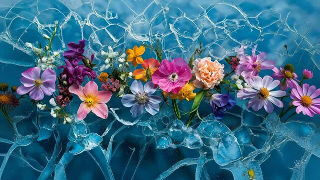 A blue background with a row of flowers in the foreground. The flowers are of various colors and sizes, and they are arranged in a way that creates a sense of movement and depth