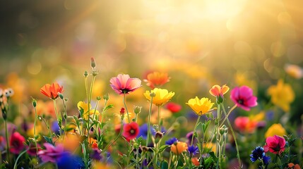 Fototapeta premium Colorful Wildflower Meadow Glowing in Golden Sunlight with Vibrant Blossoms in a Tranquil Field