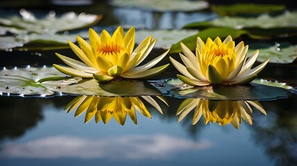 yellow water lily reflected in water.