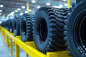 Fototapeta premium A Row of New Tires in a Warehouse