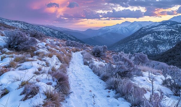 Twilight over the snowy mountain high country teredo river track