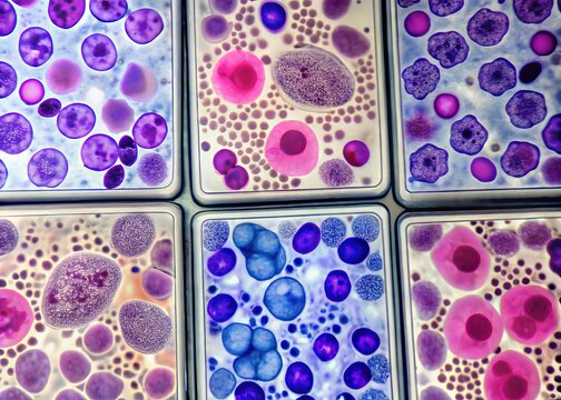 Microscope slides display clusters of blasts on Wright-Giemsa stained bone marrow aspirate samples, highlighting acute lymphoblastic leukemia (ALL) morphology features under magnified examination.