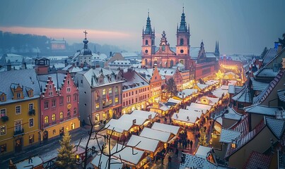Obraz premium View of Christmas market and Maria Chappel in Oberer Markt at dusk, Wurzburg, Bavaria, Germany