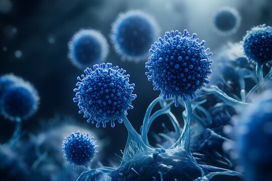 Microscopic photo of bacterial spores with blue, round, plump ball-shaped heads