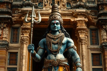 Hindu God Statue in Front of Ornate Temple.