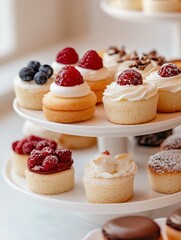 Beautifully decorated cupcakes topped with fresh berries, served on a multi-tiered dessert stand