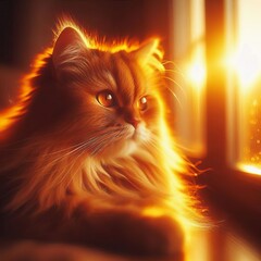 Golden Hour Glow A ginger cat with amber eyes bathed in warm gol - obrazy, fototapety, plakaty