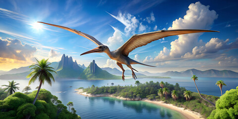 Obraz premium Dinosaur Queztacoatus is flying around the island on a sunny day.