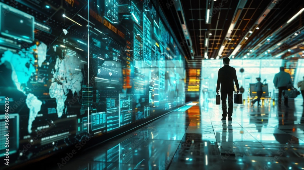 Poster A man is walking through a large room with many screens displaying information