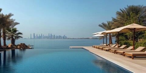 Luxury poolside with cityscape view and lounge chairs.