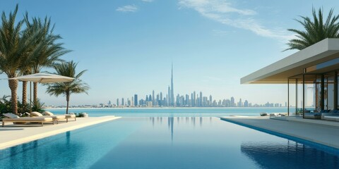 Luxury pool overlooking city skyline.