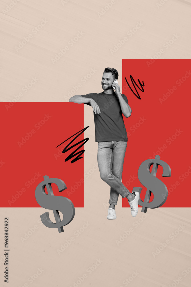 Wall mural Vertical collage young cheerful man dollar currency money earnings successful trader investor business rich wealthy drawing background