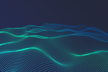 A visually striking depiction of abstract waves flowing in a gradient blue cyberspace, rendered with particles and dots to illustrate motion and technological advancement