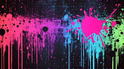 Abstract Neon Paint Splashes and Drips on a Black Background